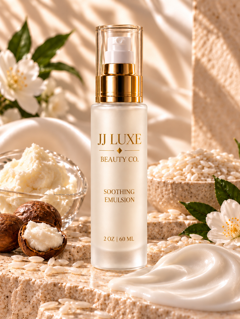 JJ Luxe Beauty Co. Soothing Emulsion 2 oz frosted pump bottle with reflective gold branding and diamond, rice ferment, shea butter and silky emulsion texture