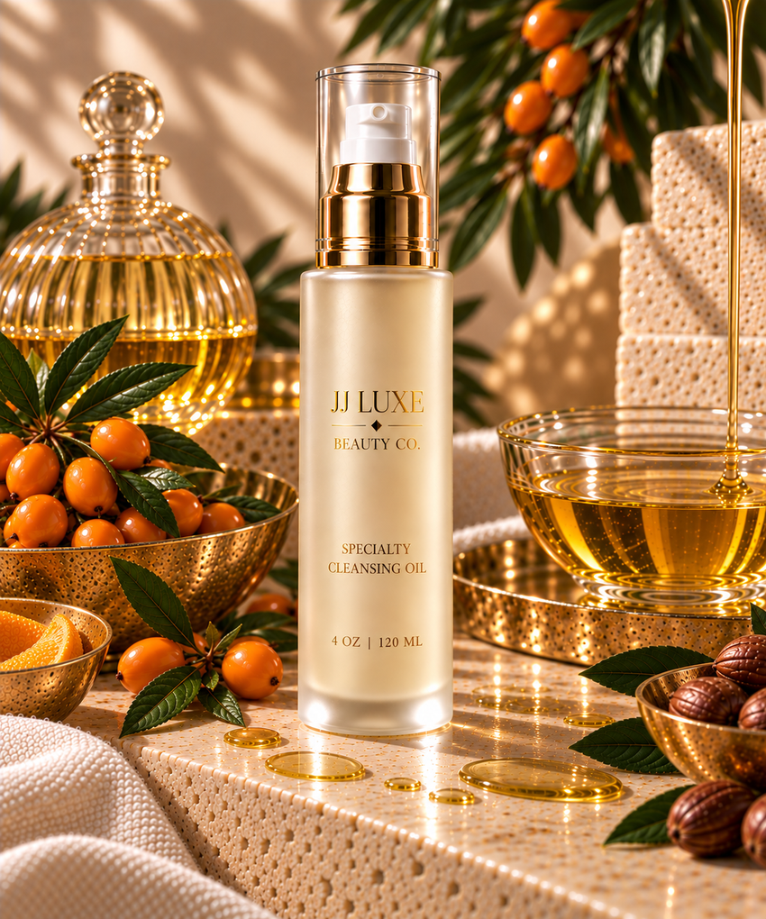 JJ Luxe Beauty Co. Specialty Cleansing Oil 4 oz frosted glass pump bottle in a warm luxury editorial setting with sea buckthorn berries, botanical oils and reflective gold accents