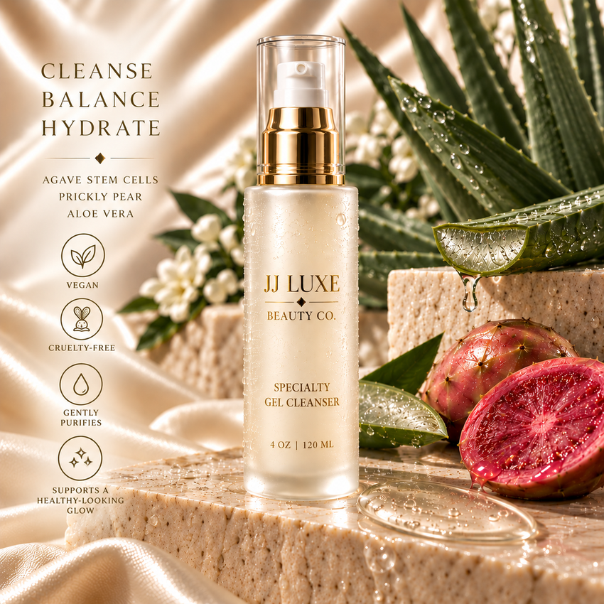 JJ Luxe Beauty Co. Specialty Gel Cleanser in a warm botanical editorial setting with reflective gold branding, aloe, prickly pear and four product benefit icons