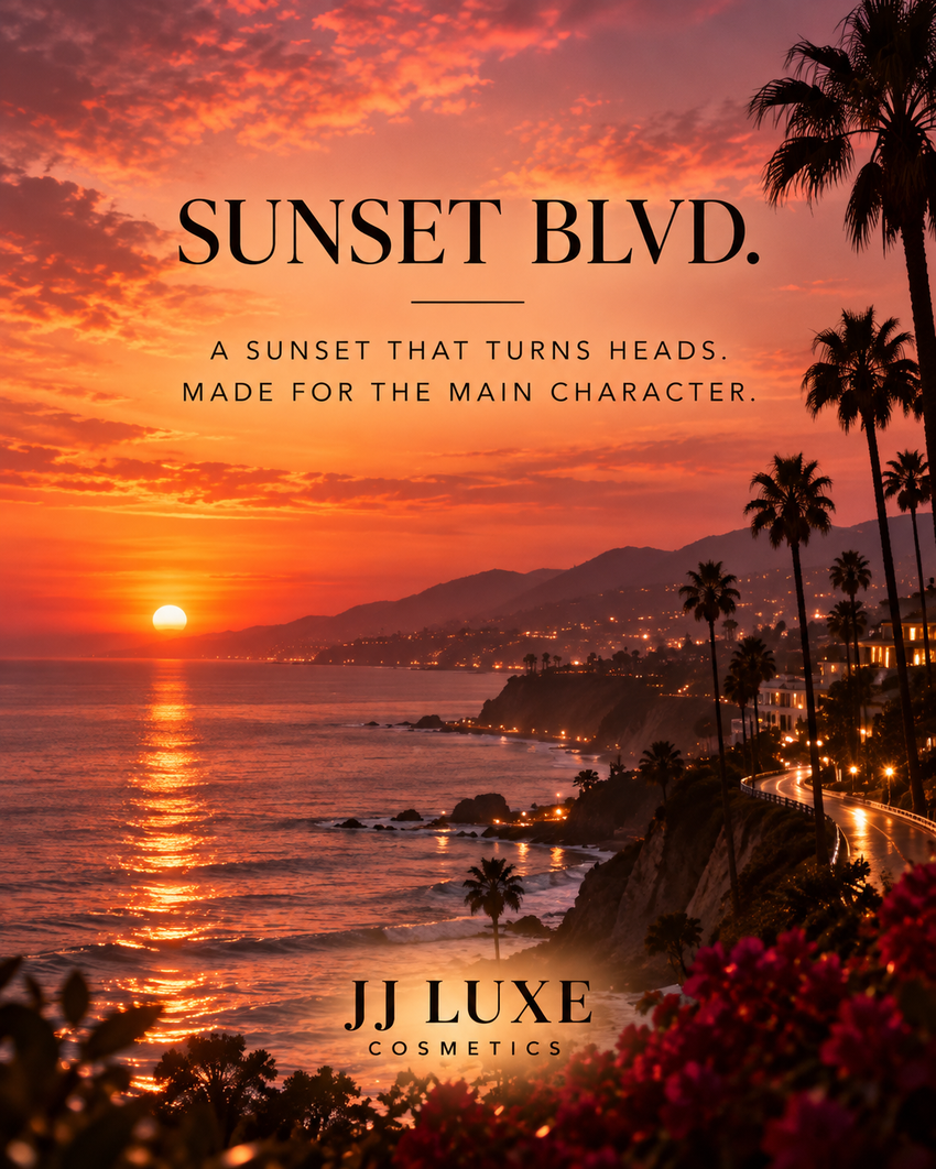 Sunset Blvd. Sundown scenic editorial with palms, coastal boulevard and fiery sunset — JJ Luxe Cosmetics