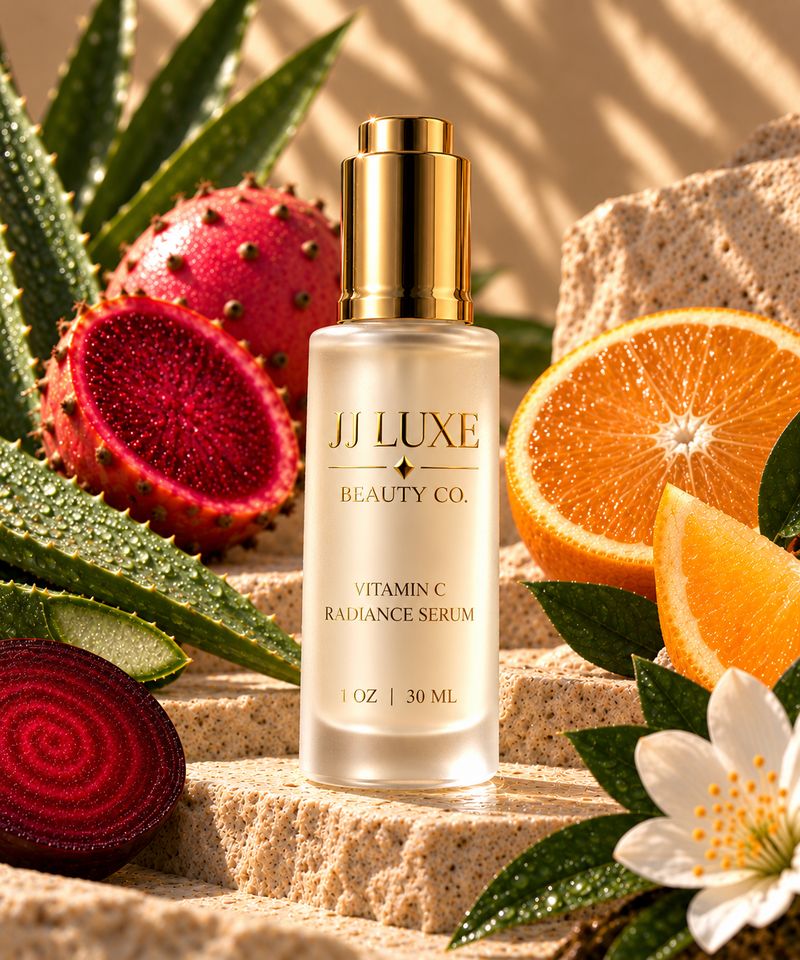 JJ Luxe Beauty Co. Vitamin C Radiance Serum 1 oz frosted glass bottle with reflective gold push-button dropper, prickly pear, citrus, aloe, beetroot and white blossom