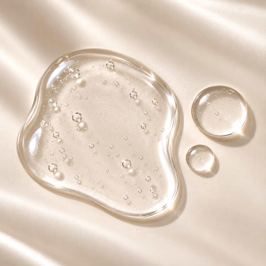 Clear serum texture swatch for JJ Luxe Vitamin C Radiance Serum on an ivory background