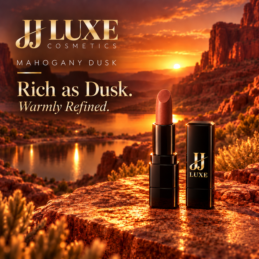 JJ Luxe Cosmetics Mahogany Dusk terracotta-mahogany matte lipstick in slim black-and-gold packaging on sunlit red canyon stone above a winding river at sunset, with the words Rich as Dusk. Warmly Refined.