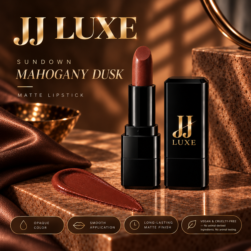 Mahogany Dusk Sundown Matte Lipstick by JJ Luxe Beauty Co. shown in a warm formula-benefits editorial with a rich terracotta-mahogany bullet, reflective gold branding, black packaging, bronze satin, coordinating swatch, and benefit callouts for opaque color, smooth application, long-lasting matte finish, and vegan & cruelty-free.