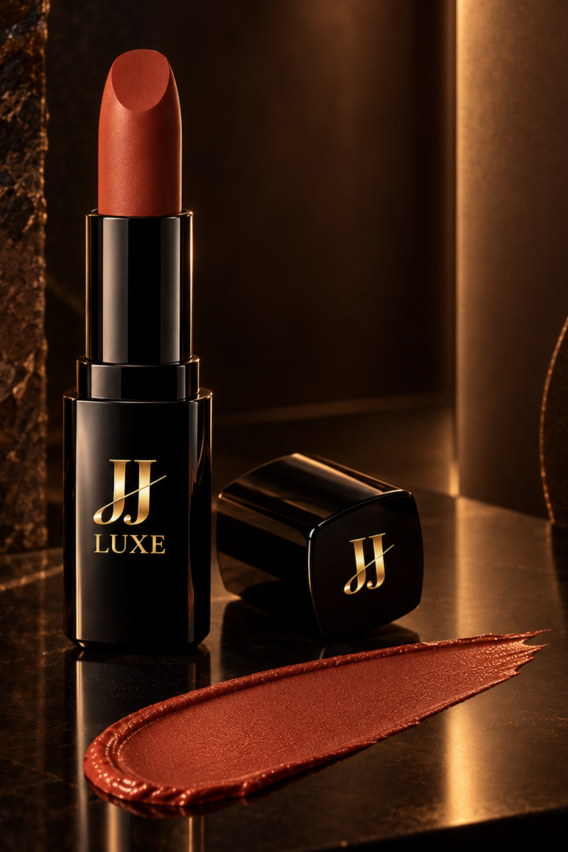 Mahogany Dusk Sundown Matte Lipstick by JJ Luxe Beauty Co. in black and reflective gold packaging with a warm terracotta-mahogany lipstick bullet and matching swatch in a dark bronze editorial setting.