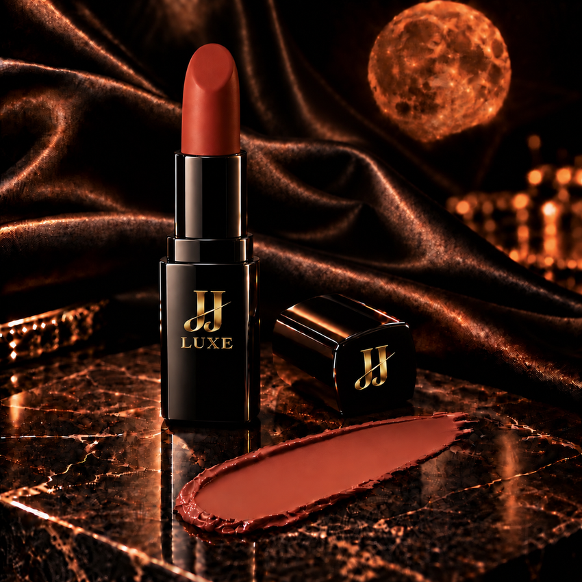 Mahogany Dusk Sundown Matte Lipstick by JJ Luxe Beauty Co. in glossy black and reflective gold packaging, paired with a warm mahogany swatch, softly draped black satin, and a bronze moon in a luxe nighttime editorial setting.