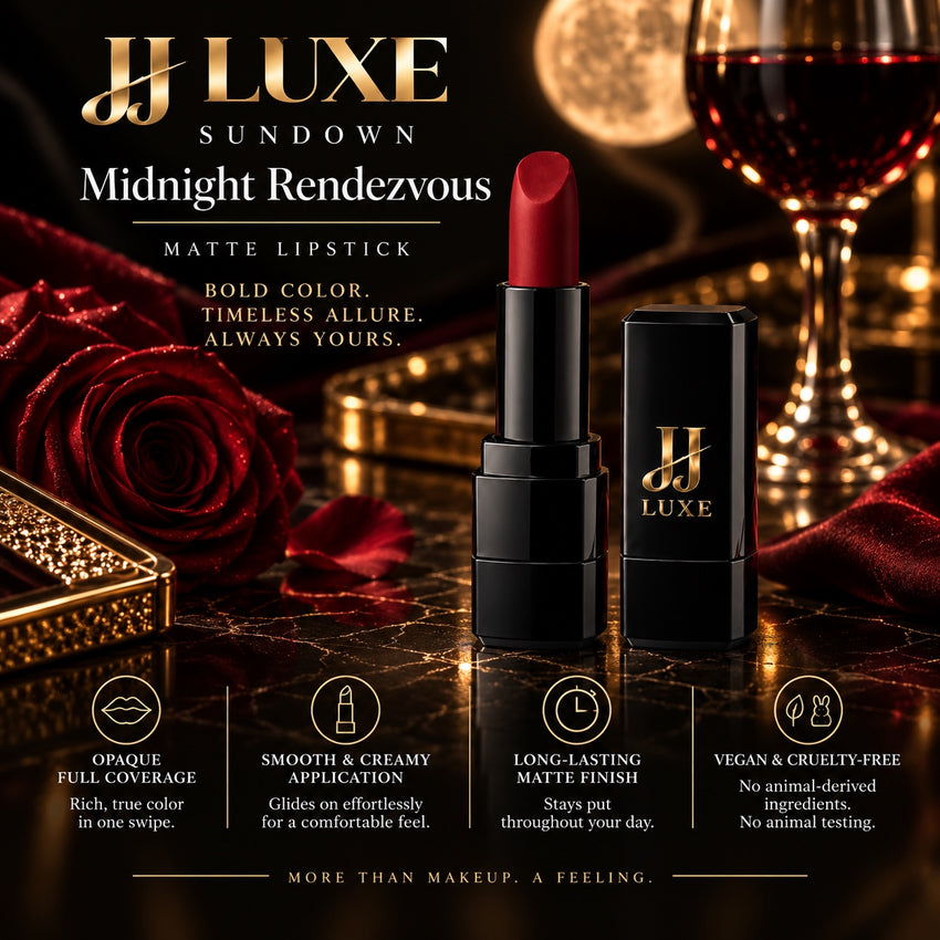 Midnight Rendezvous cool blood-red Sundown Matte Lipstick by JJ Luxe Beauty Co. in a cinematic formula-benefits editorial with reflective gold branding, red roses, wine, moonlit styling, and callouts for opaque full coverage, smooth and creamy application, long-lasting matte finish, and vegan and cruelty-free formulation.