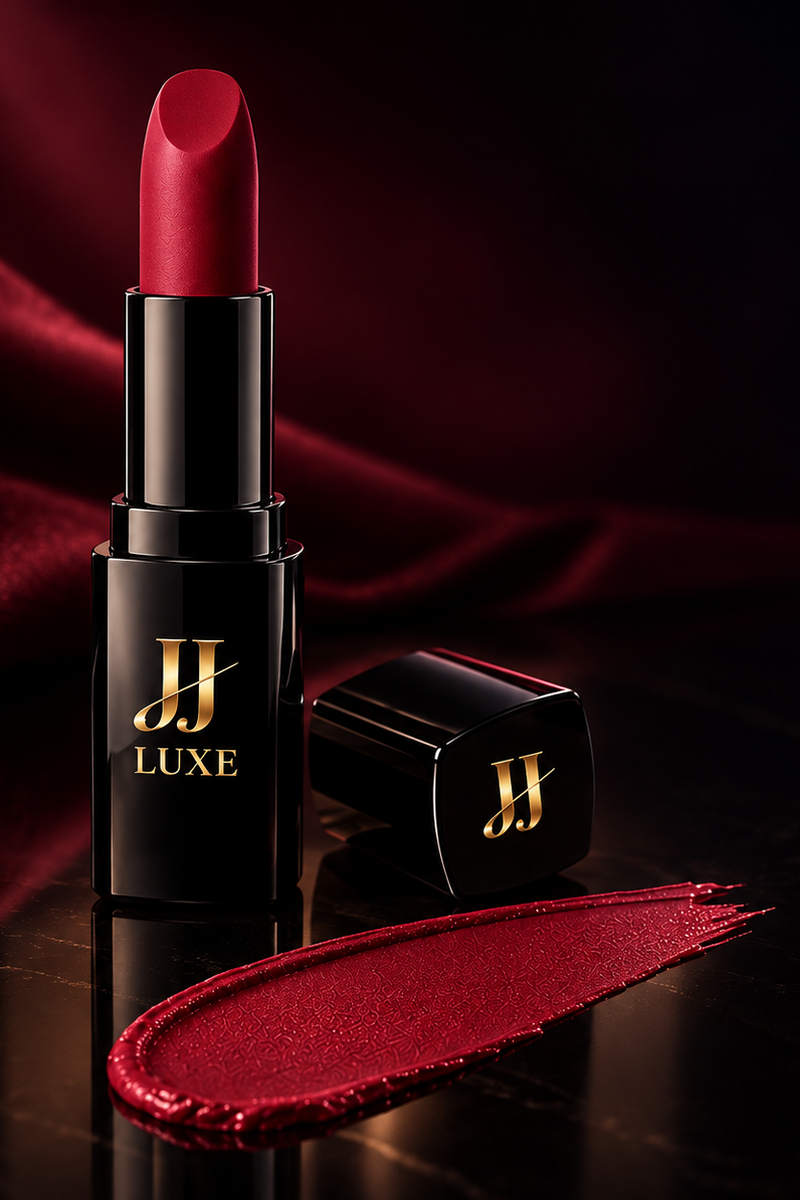 Midnight Rendezvous Sundown Matte Lipstick by JJ Luxe Beauty Co. in black and reflective gold packaging with a cool blue-red lipstick bullet and matching swatch in a dark burgundy satin editorial setting.