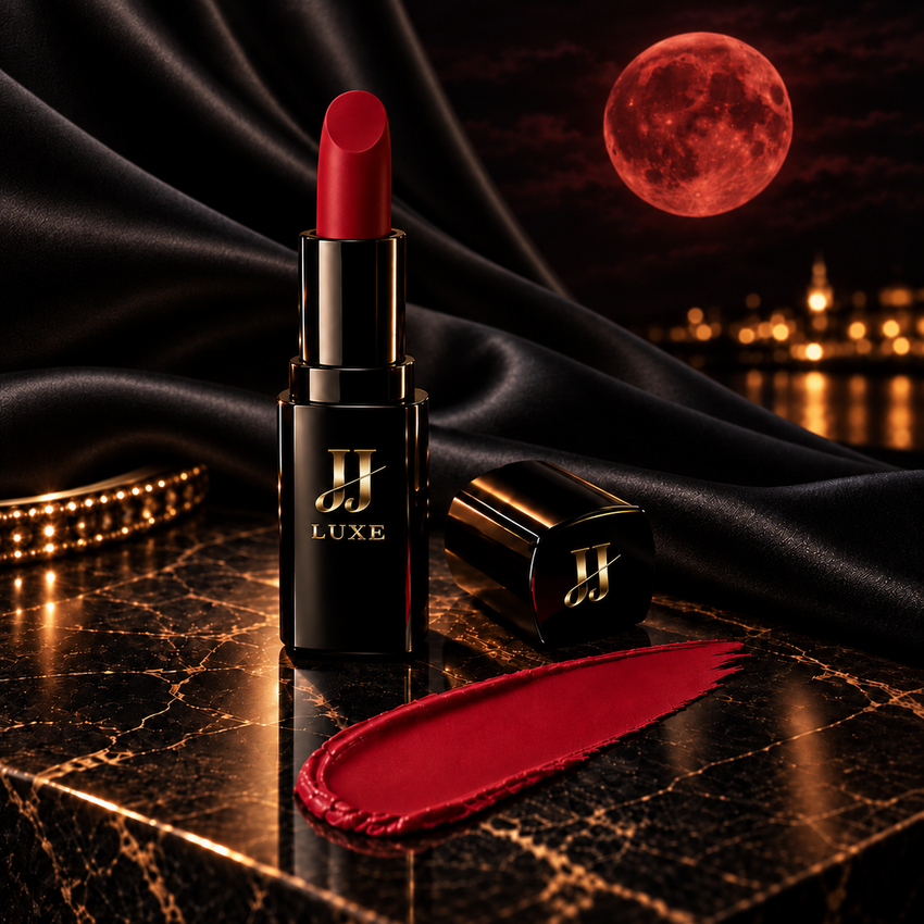 Midnight Rendezvous Sundown Matte Lipstick by JJ Luxe Beauty Co. in glossy black and reflective gold packaging, paired with a cool blood-red swatch, softly draped black satin, and a crimson moon in a luxe nighttime editorial setting.