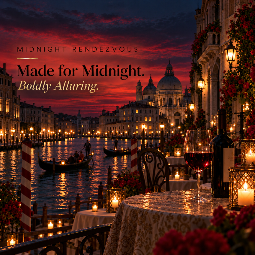 Midnight Rendezvous scenic editorial overlooking a Venice canal at night, with gondolas, deep burgundy-red and midnight-blue skies, an intimate candlelit table and red wine. Text reads: Midnight Rendezvous. Made for Midnight. Boldly Alluring.