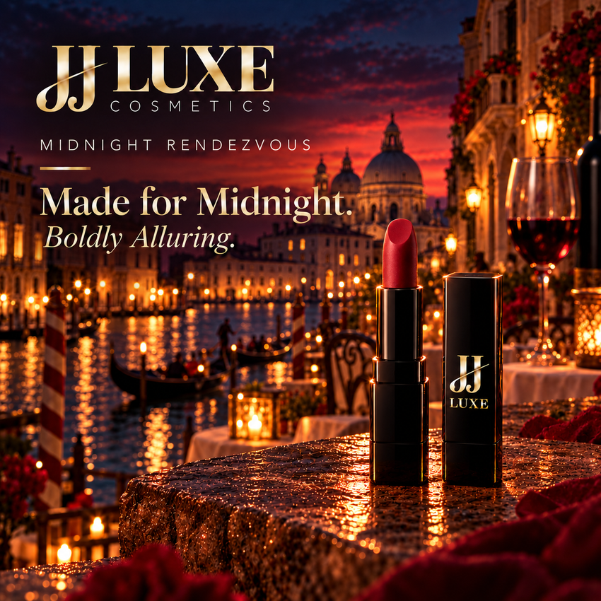 JJ Luxe Cosmetics Midnight Rendezvous blue-red matte lipstick with a slim upright half-moon bullet and black packaging with gold JJ Luxe logo, beside wine overlooking a lantern-lit Venice-inspired canal at dusk. Made for Midnight. Boldly Alluring.