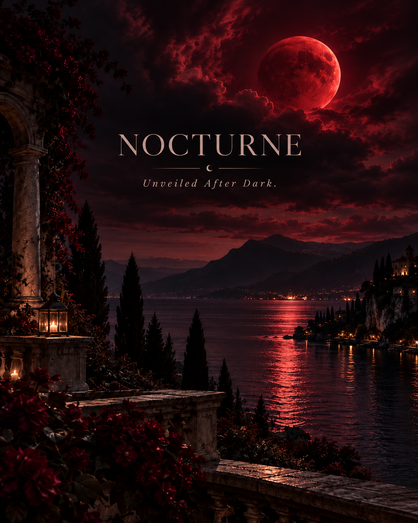 JJ Luxe Cosmetics Nocturne Sundown Afterglow scenic finale featuring a dark burgundy-red moon over a mountain-framed lake, crimson moonlight reflected across the water, a candlelit stone terrace, dark cypress trees and burgundy flowers. Text reads: Nocturne. Unveiled After Dark.