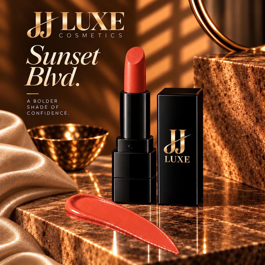 Sunset Blvd. coral-red-orange Sundown Matte Lipstick by JJ Luxe Beauty Co. in a luxury sunset product editorial with a slim rounded oval lipstick bullet, black packaging, reflective gold JJ Luxe branding, warm stone, champagne satin, and a vivid coral-red-orange swatch.