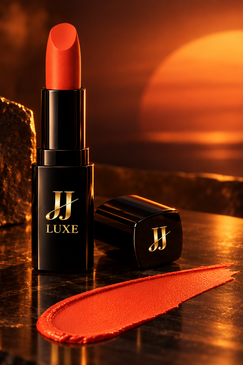 Sunset Blvd. Sundown Matte Lipstick by JJ Luxe Beauty Co. in black and reflective gold packaging with a vivid orange-coral lipstick bullet and matching swatch against a dark sunset-inspired background.