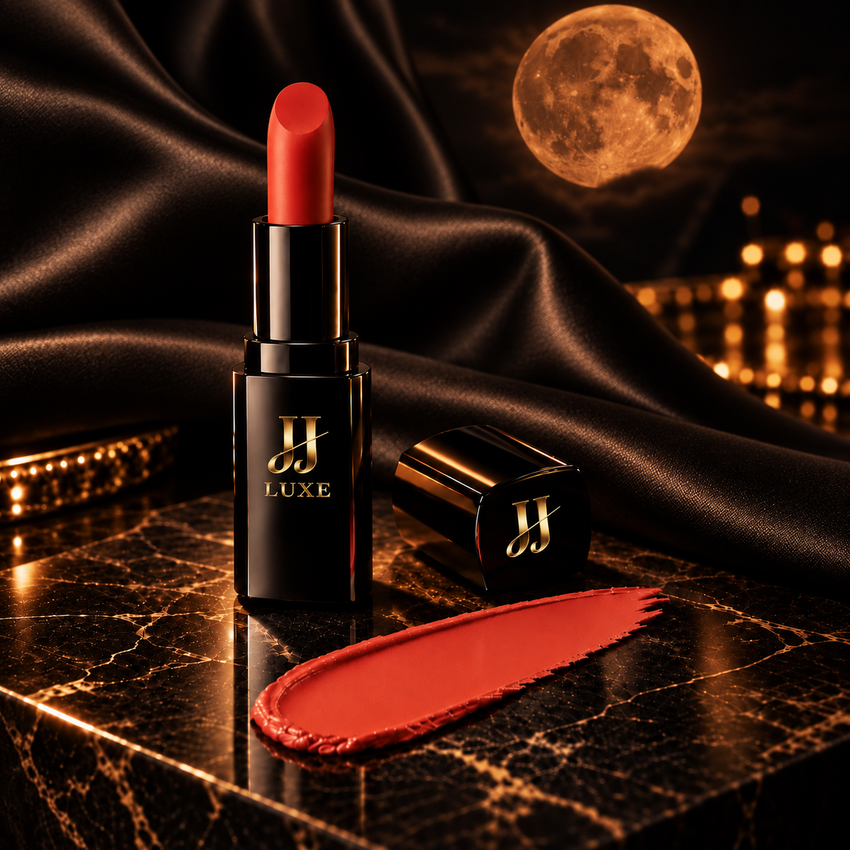 Sunset Blvd. Sundown Matte Lipstick by JJ Luxe Beauty Co. in glossy black and reflective gold packaging, paired with a vivid red-orange swatch, softly draped black satin, and a warm amber moon in a luxe editorial setting.