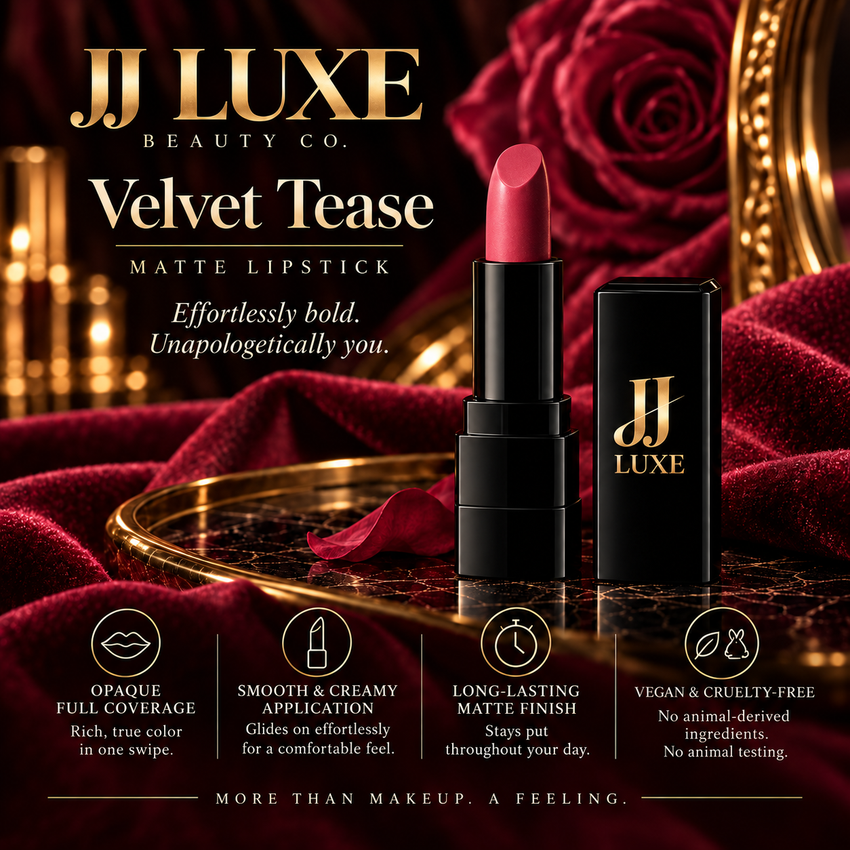 Velvet Tease Sundown Matte Lipstick by JJ Luxe Beauty Co. in a burgundy-and-gold formula-benefits graphic with black-and-gold packaging.