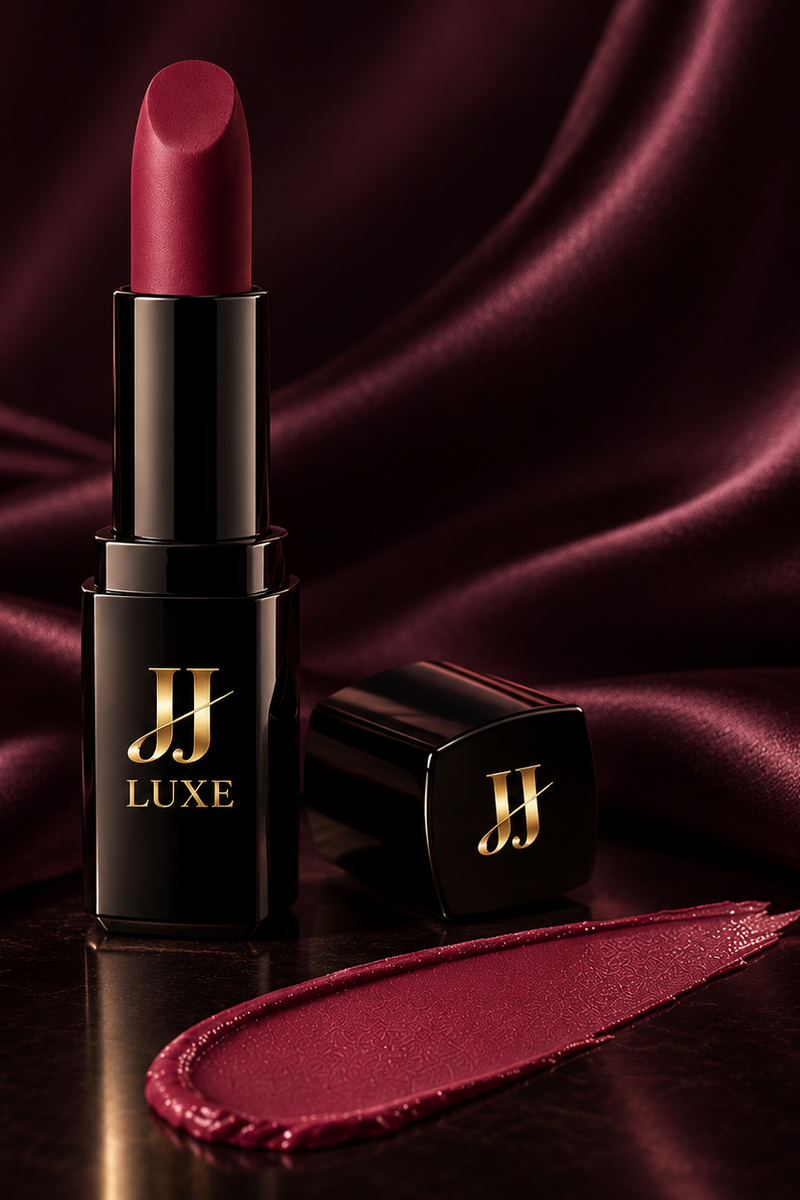 Velvet Tease Sundown Matte Lipstick by JJ Luxe Beauty Co. in black and reflective gold packaging with a deep rose-berry lipstick bullet and matching swatch in a dark berry satin editorial setting.