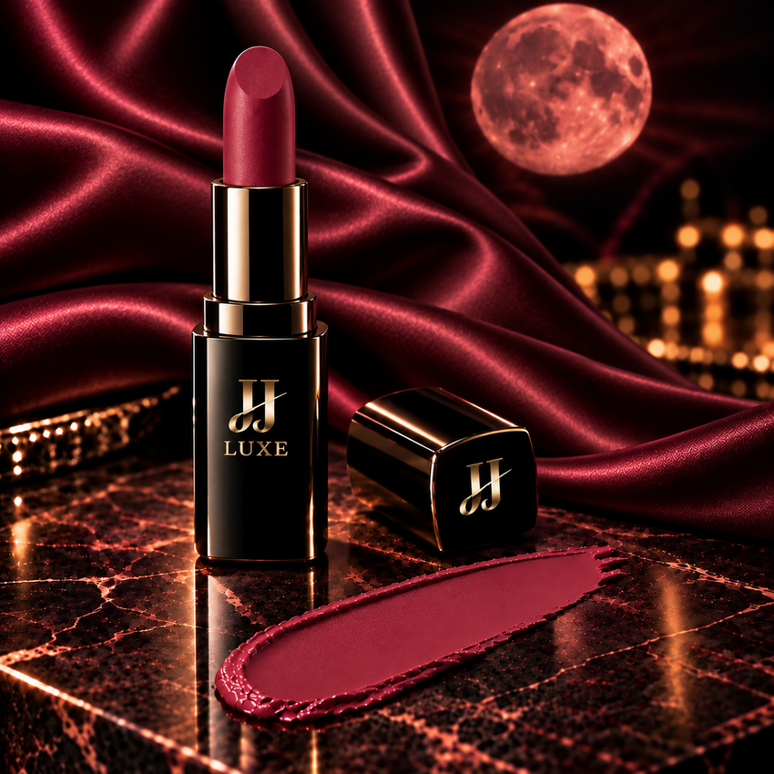 Velvet Tease Sundown Matte Lipstick by JJ Luxe Beauty Co. in glossy black and reflective gold packaging, paired with a deep rosy berry swatch, softly draped berry satin, and a softly illuminated pink moon in a luxe nighttime editorial setting.