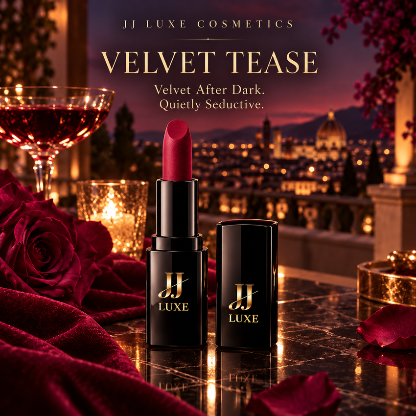 JJ Luxe Cosmetics Velvet Tease deep rose-berry matte lipstick in slim black packaging with gold JJ Luxe branding, styled with red roses, candlelight and a cityscape at dusk. Text reads: Velvet After Dark. Quietly Seductive.
