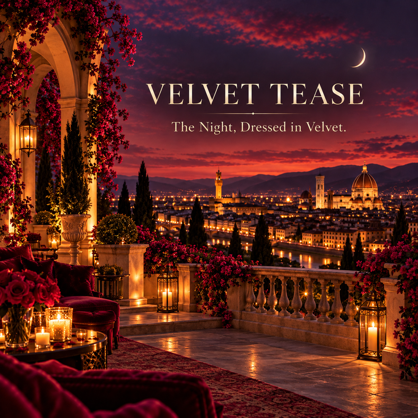 Velvet Tease Sundown scenic editorial with an elegant candlelit terrace overlooking Florence at twilight beneath a crescent moon, with burgundy velvet and flowers. Text reads: Velvet Tease. The Night, Dressed in Velvet.